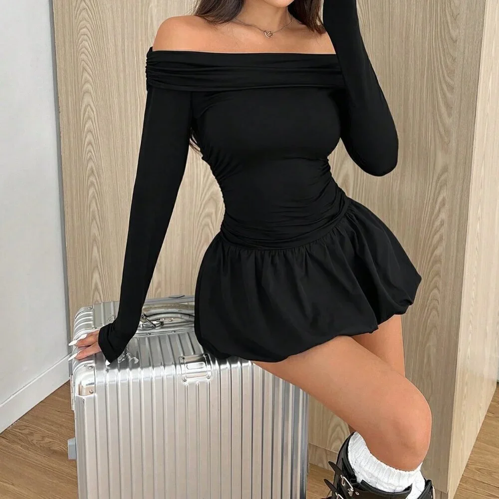 Black Elegant Women's Solid One-Shoulder Long Sleeve Ruffle Hem Mini Dress